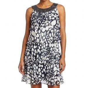 Studio I Tiered Shift Dress Size 12 Black White Abstract Print Beaded Neckline